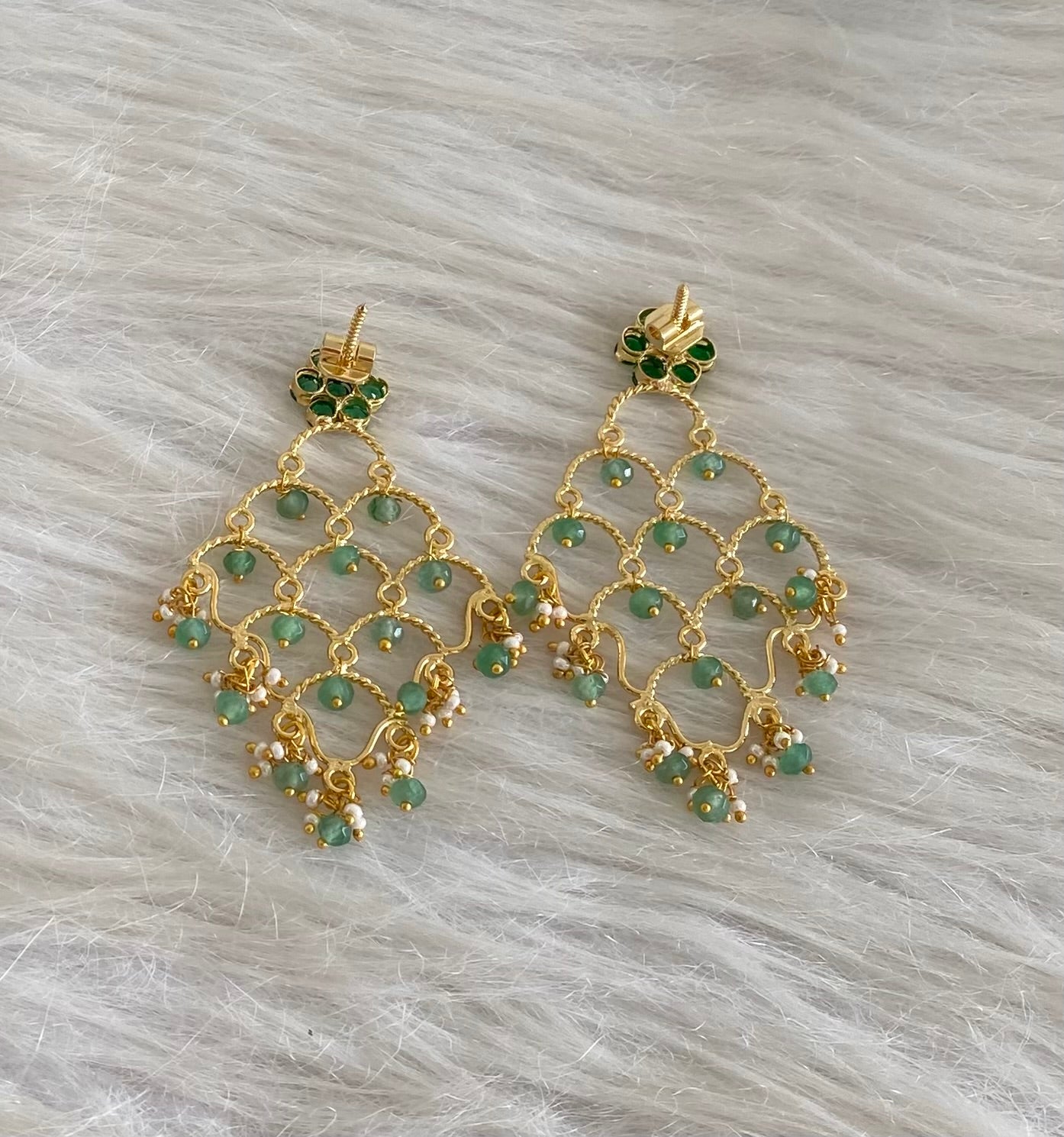 Gold tone green stone green beaded long earrings dj-54644