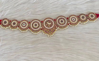 Gold tone precious kemp-green-white pearl peacock flower round waist band dj-54735