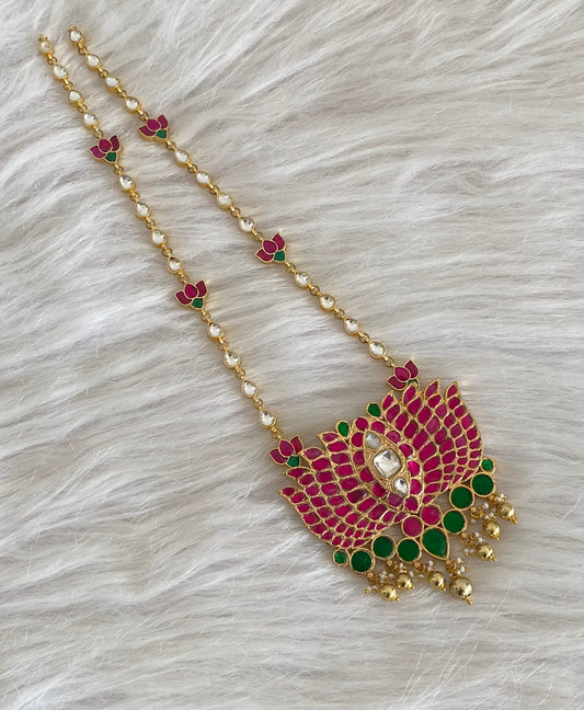 Gold tone pink-green kundan jadau lotus pendant necklace dj-54608