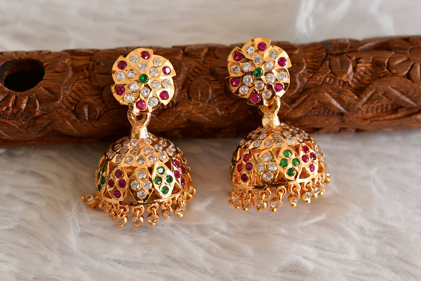 Gold tone south indian style AD pink-green-white jhumkka dj-50497