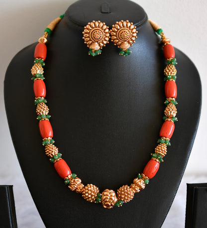 Antique gold tone flower coral-green nakshi beaded necklace set dj-52696