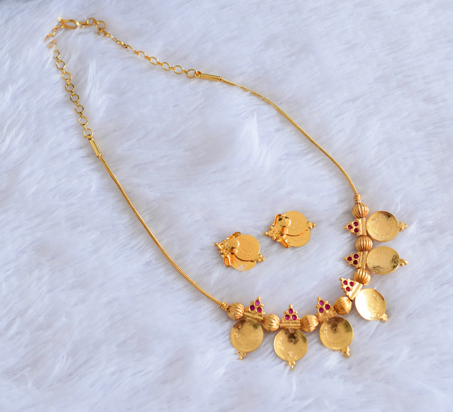 Gold tone pink stone lakshmi coin necklace set dj-53053