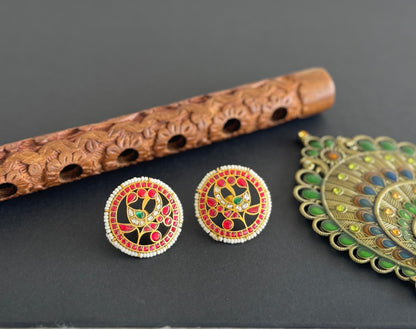 Gold tone pink-green kundan jadau peacock round big stud/earrings dj-51500