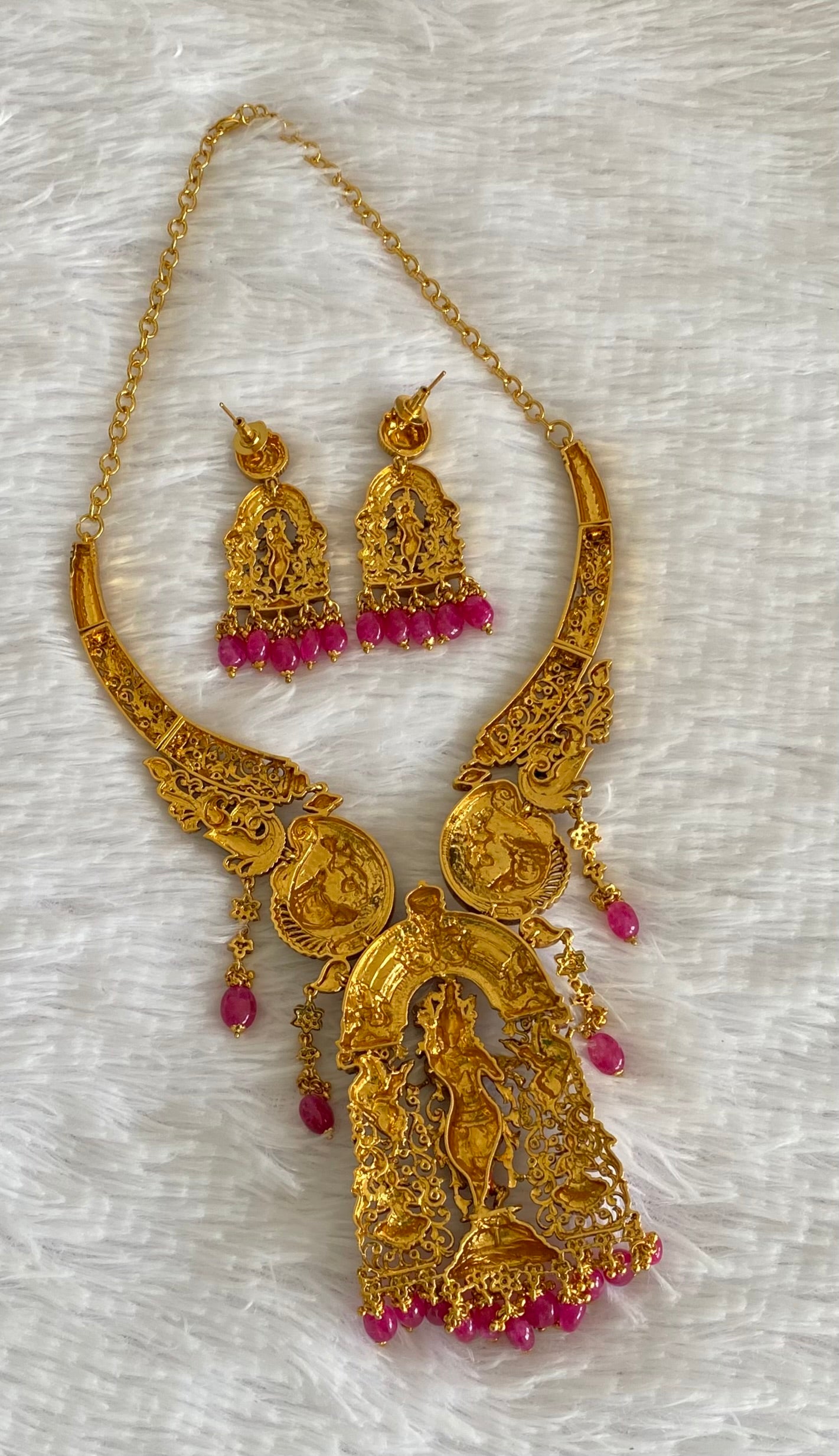 Matte finish pink beaded meenakari krishna kante necklace set dj-54097
