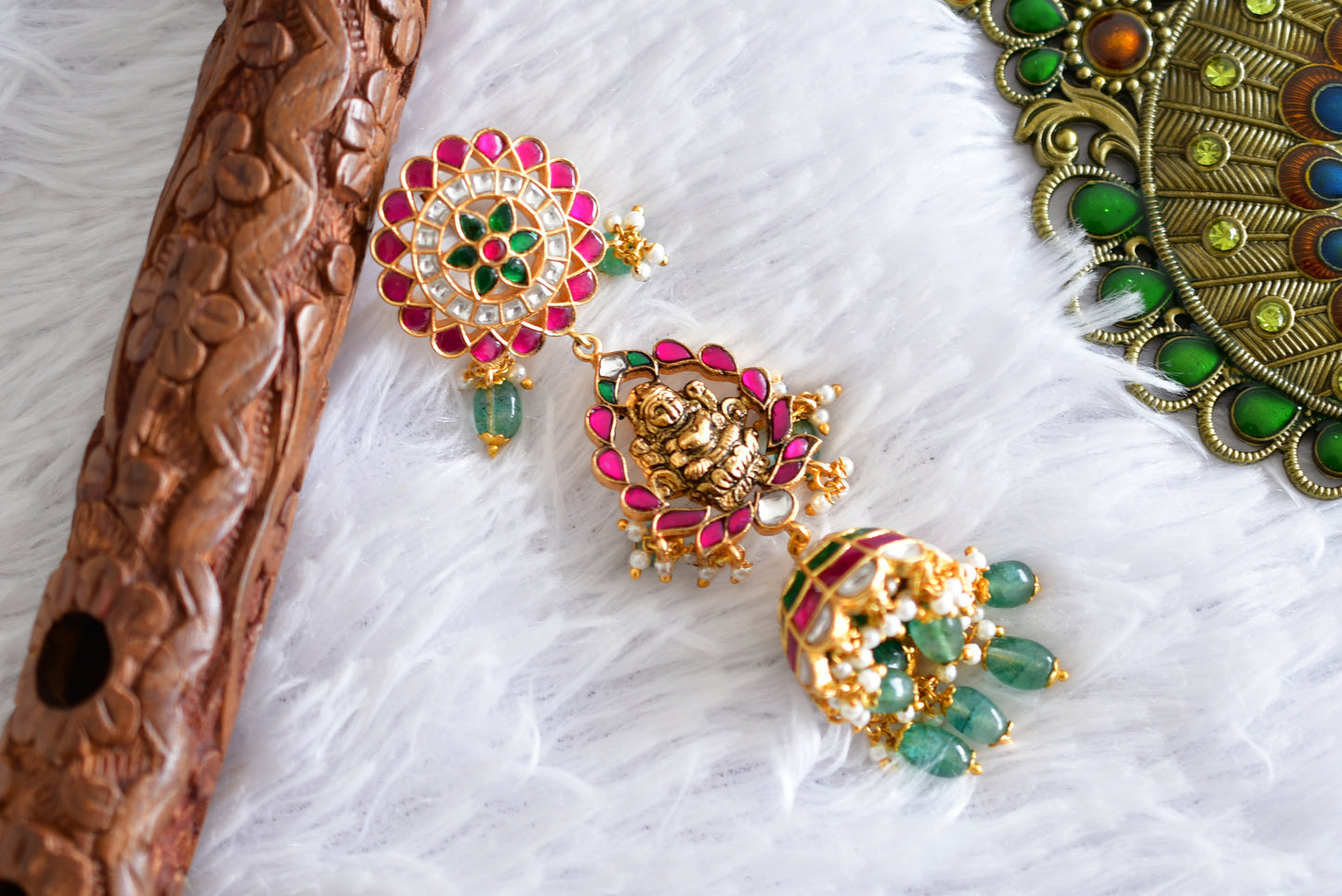 Gold tone pink-green kundan jadau Lakshmi hair jewel dj-52372