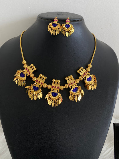Gold tone kerala style pink-blue palakka elakka necklace set dj-54551