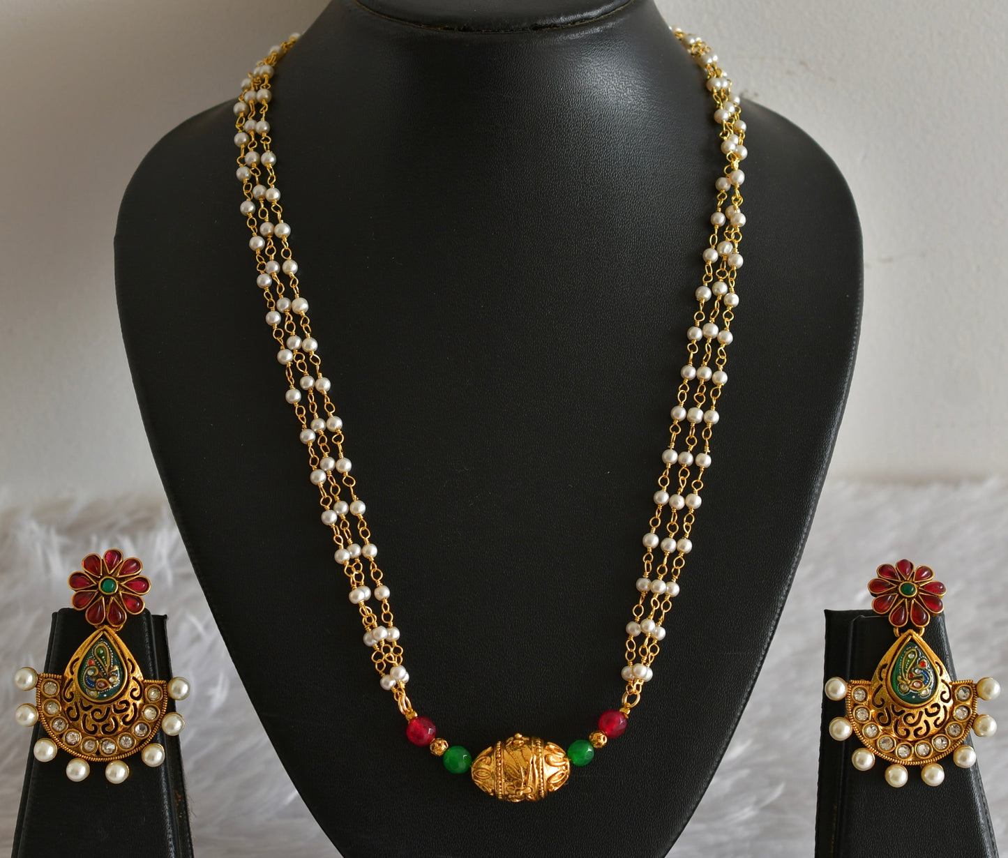 Gold tone pink-green pearl beaded necklace set dj-51985