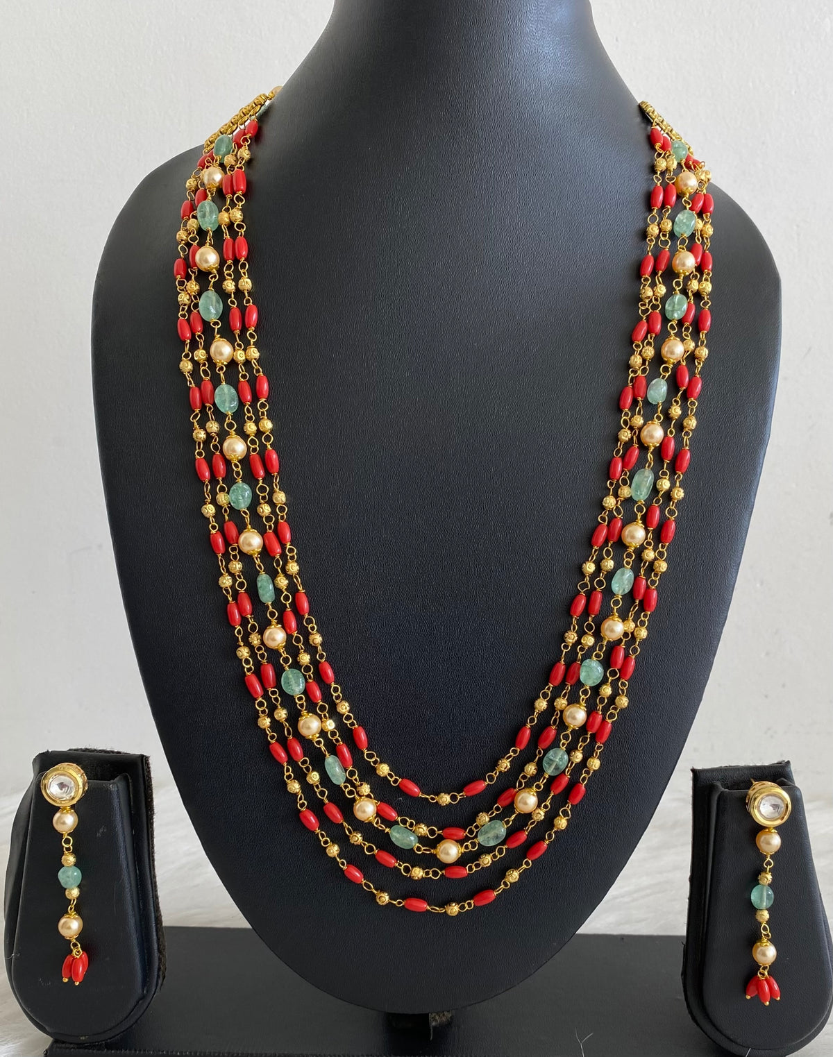 Antique gold tone multilayer coral beaded necklace set dj-54983