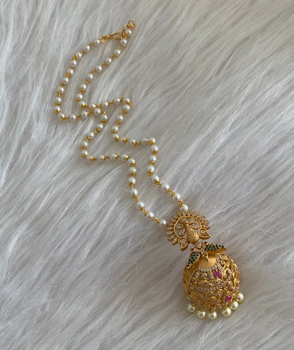 Antique gold tone ruby-green-white peacock jhumkka pendant with pearl chain dj-55088