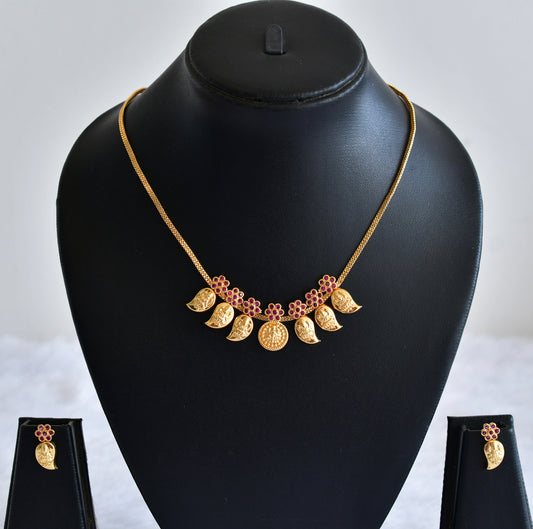 Gold tone pink stone mango lakshmi coin necklace set dj-53045