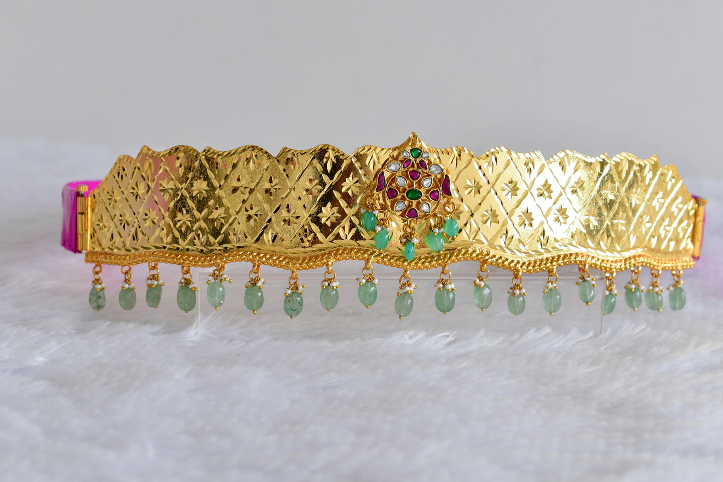 Gold tone pink-green-white kundan jadau flower waist band dj-52185