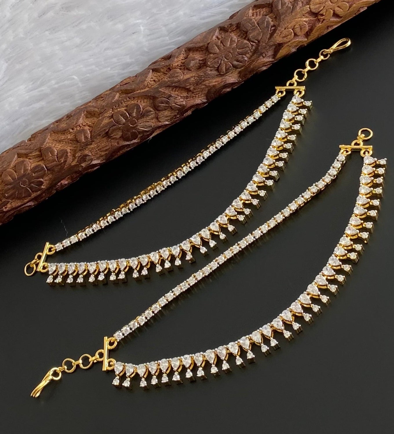 Two tone cz white stone double layer ear side chain dj-54069