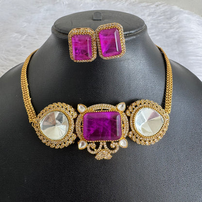 Antique gold tone cz big stone white-purple choker necklace set dj-51085