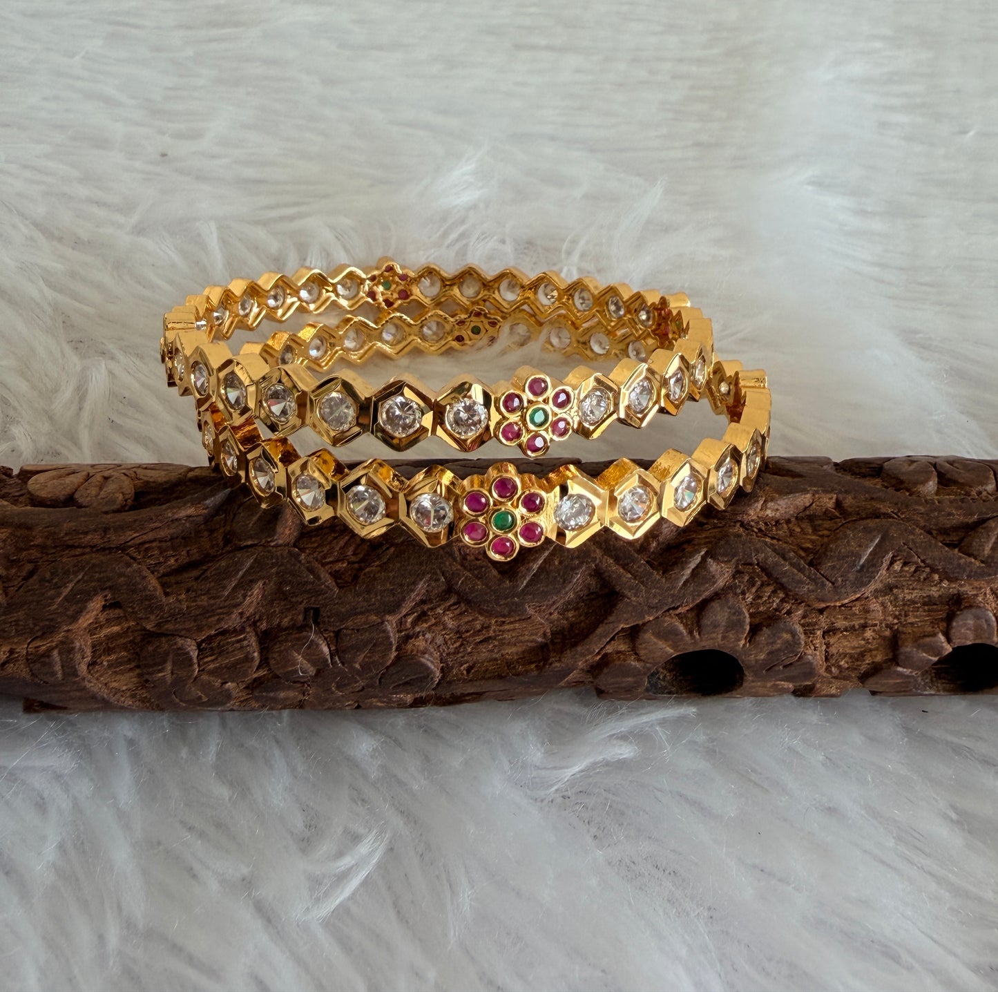 Gold tone AD pink-green-white bangles(2.4) Dj-53293