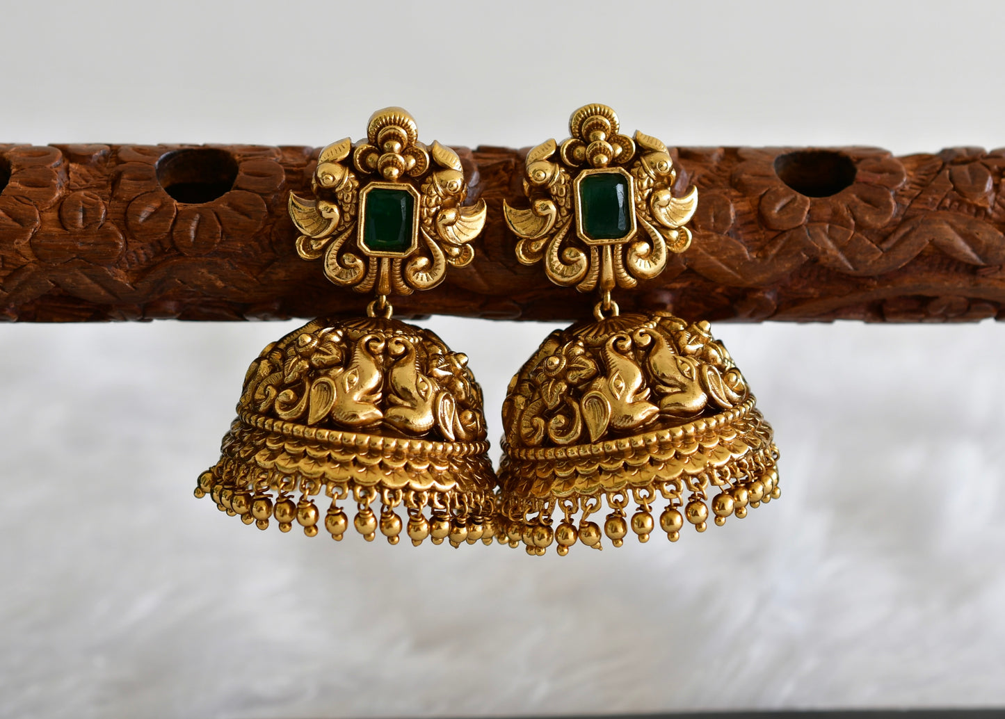 Antique gold tone green Nakshi huge elephant jhumkka dj-51878