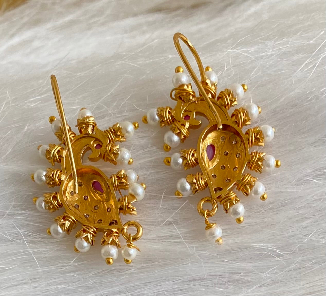 Matte gold pink-white stone pearl peacock bugadi earrings dj-53672