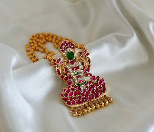 Gold tone pink-green kundan jadau Ma Lakshmi necklace dj-52579