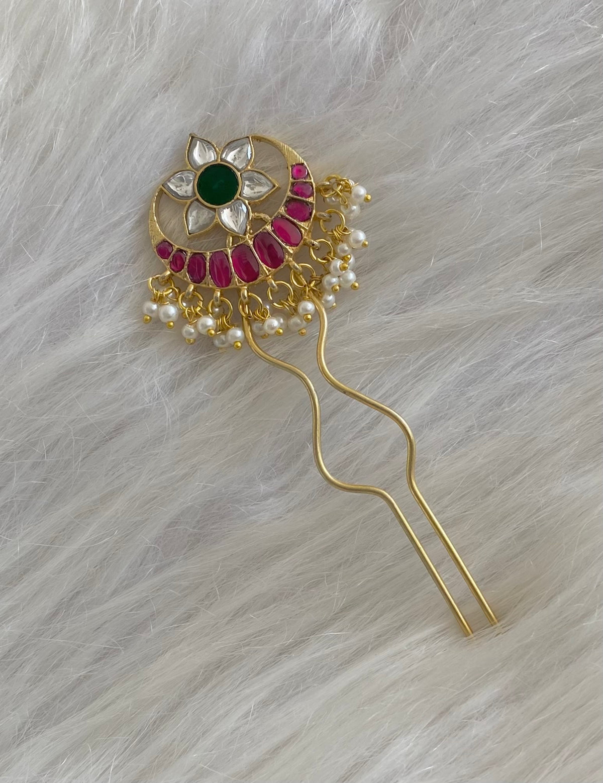 Gold tone kundan jadau kemp-green-white pearl moon flower hair jewel/pin dj-55066