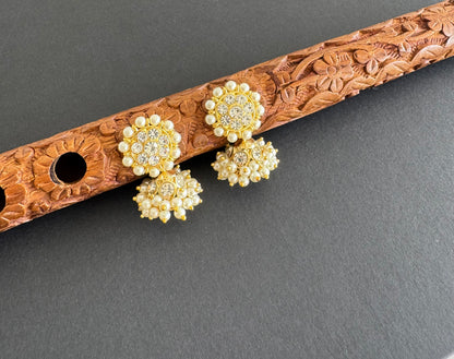 Gold tone AD white pearl small jhumkka dj-51450