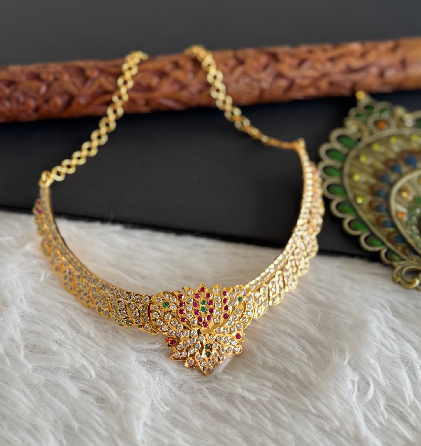 Gold tone South Indian style AD pink-green lotus attigai/necklace dj-52217