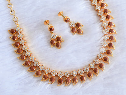 Gold tone white stone brown mango necklace set dj-53039