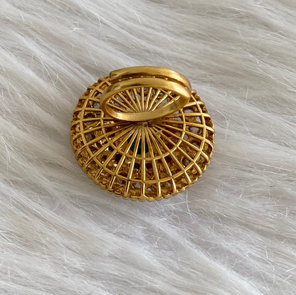 Antique gold tone pink-green-white big round flower finger ring dj-54332