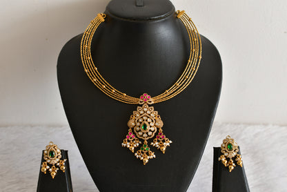 Antique gold tone pink-green kundan jadau kante necklace set dj-52423