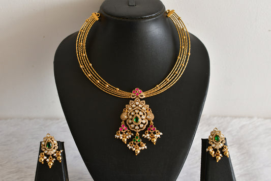 Antique gold tone pink-green kundan jadau kante necklace set dj-52423