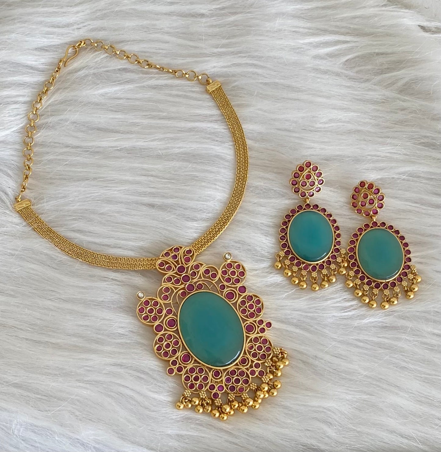 Matte finish big sea green oval stone pendant choker necklace set dj-53990