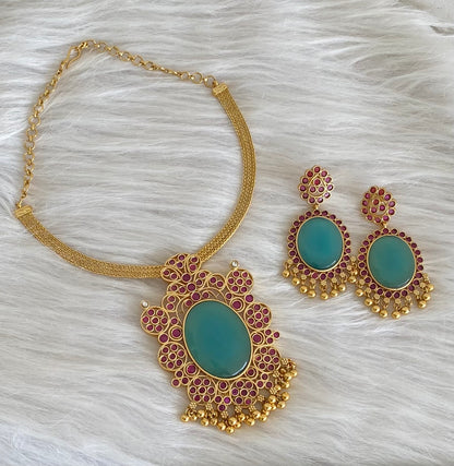 Matte finish big sea green oval stone pendant choker necklace set dj-53990