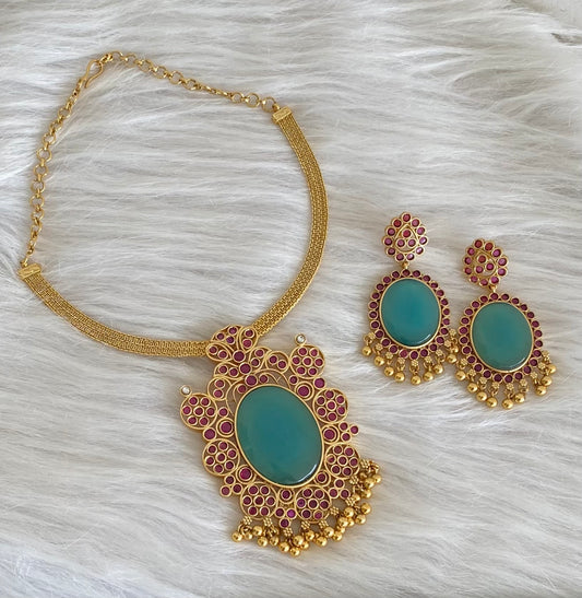 Matte finish big sea green oval stone pendant choker necklace set dj-53990