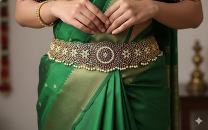 Gold tone precious kemp-green-white pearl sun-moon waist band dj-52305