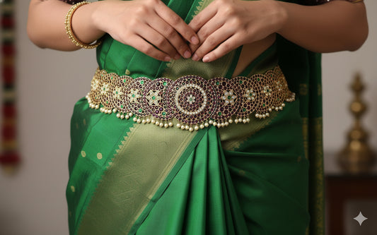 Gold tone precious kemp-green-white pearl sun-moon waist band dj-52305