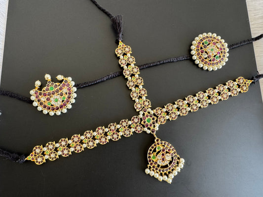 Gold tone precious kemp-green-white pearl mango head set with sun moon dj-52525