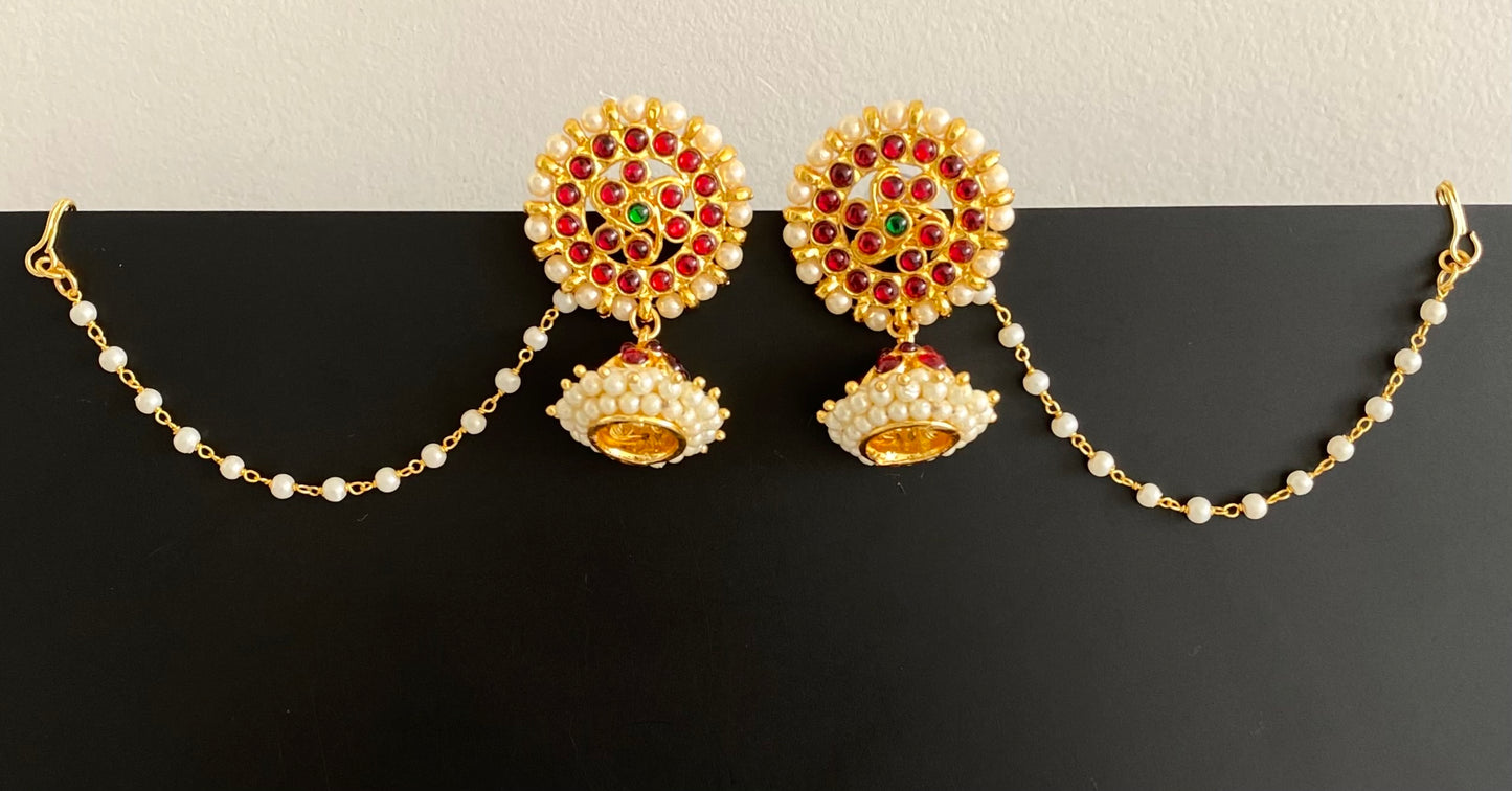 Gold tone kemp-green pearl jhumkka with earrings side chain dj-54373