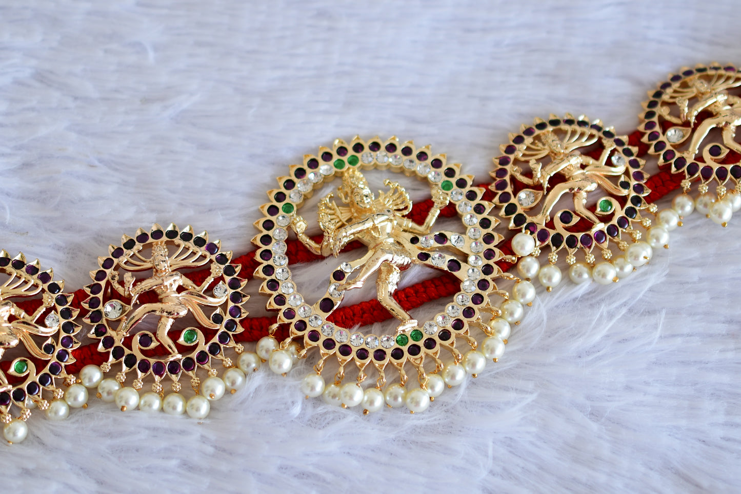 Gold tone precious kemp-green pearl Shri Natarajar waist band dj-52542