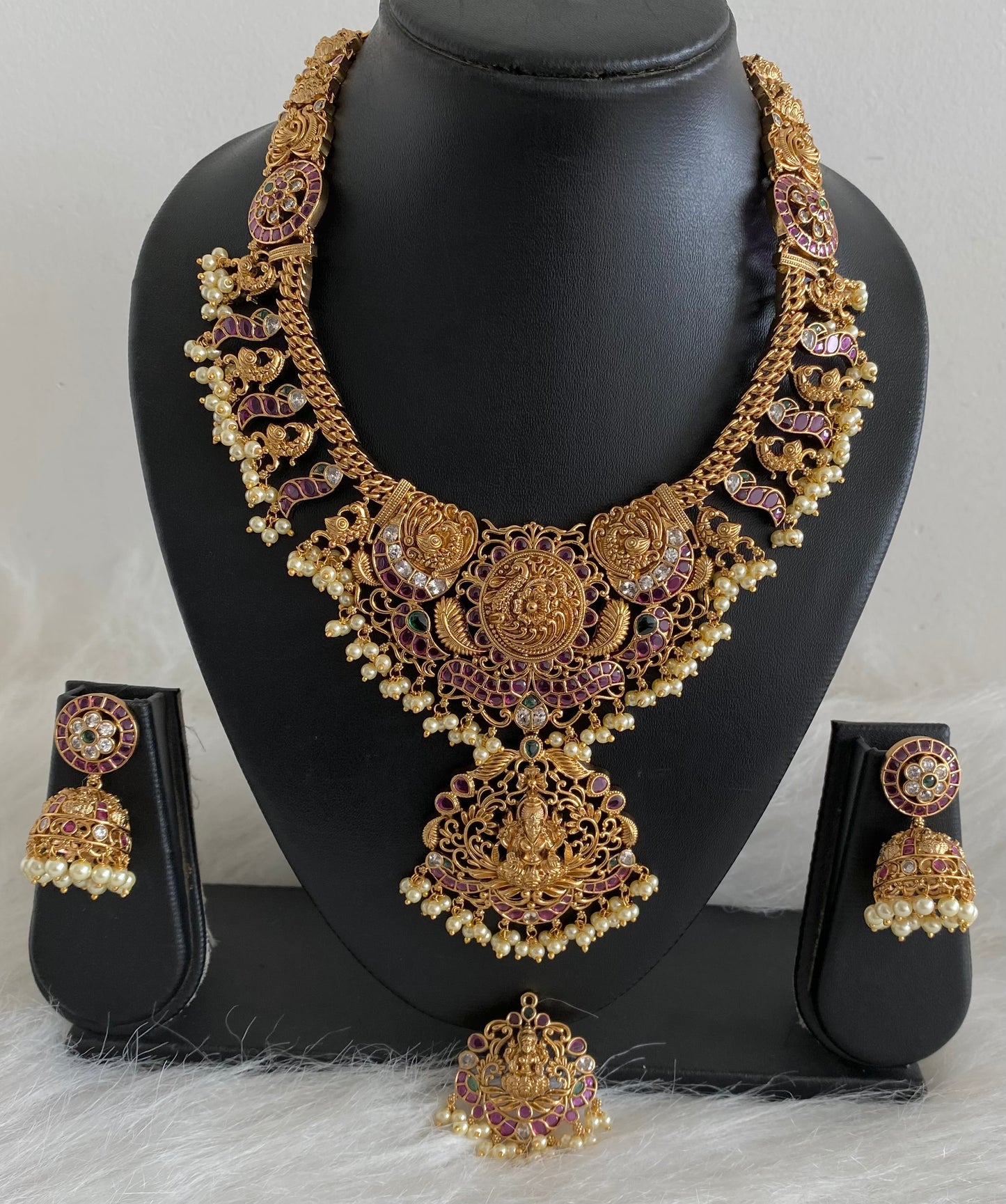 Antique gold tone lakshmi peacock necklace with changeable pendants set dj-54441