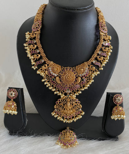 Antique gold tone lakshmi peacock necklace with changeable pendants set dj-54441