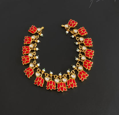 Gold tone coral-white kundan jadau lotus necklace dj-54536