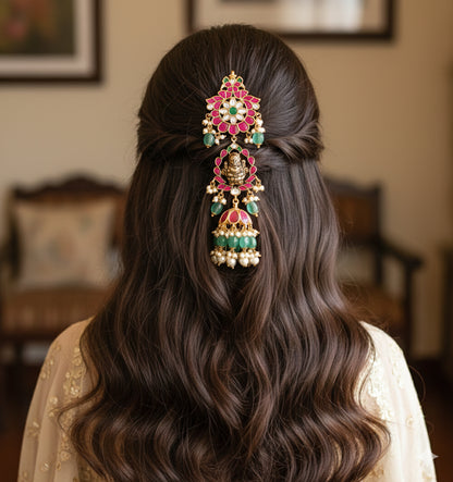 Gold tone pink-green kundan jadau Lakshmi hair jewel dj-52379