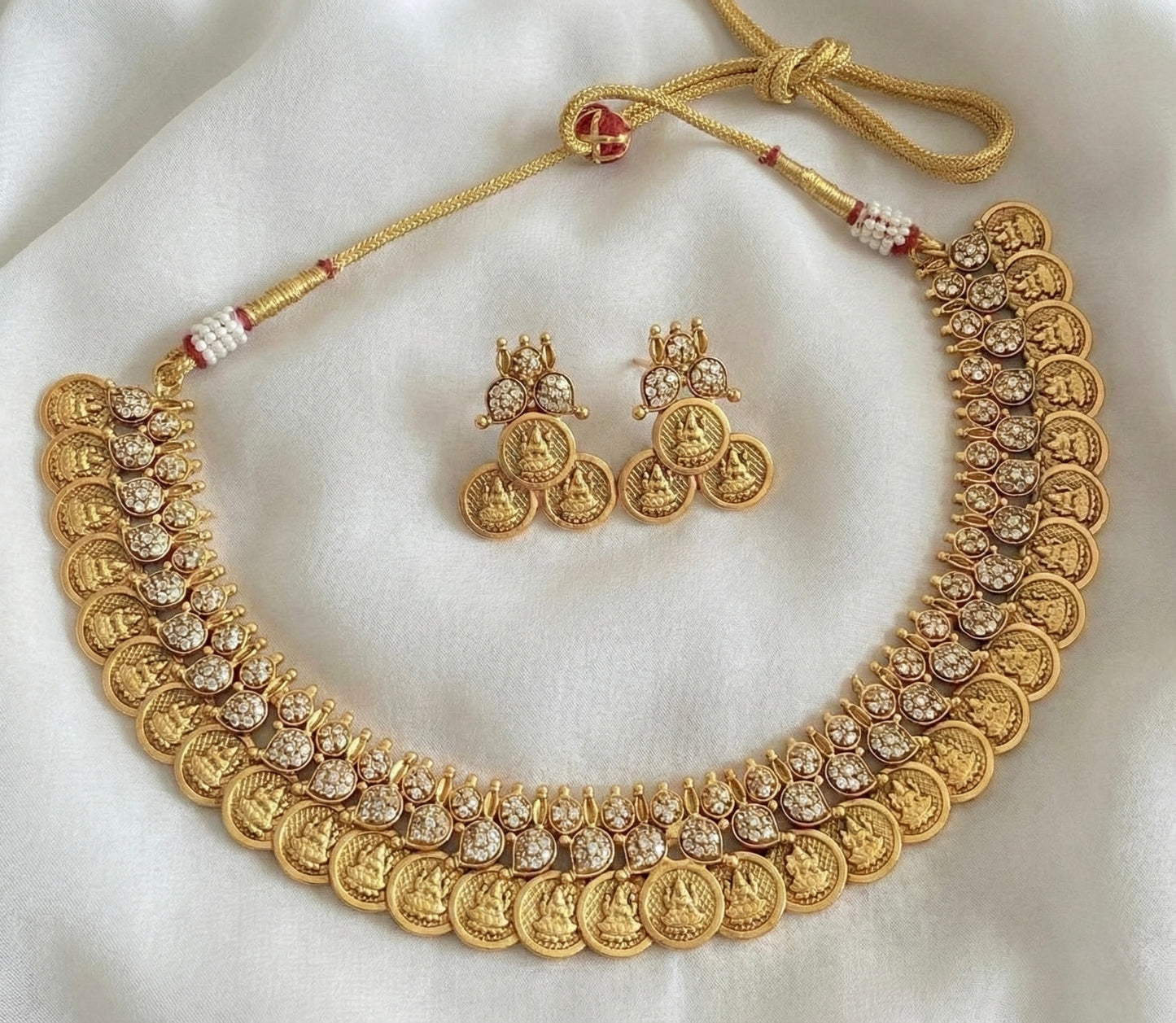 Matte finish cz white mango lakshmi coin necklace set DJ31621