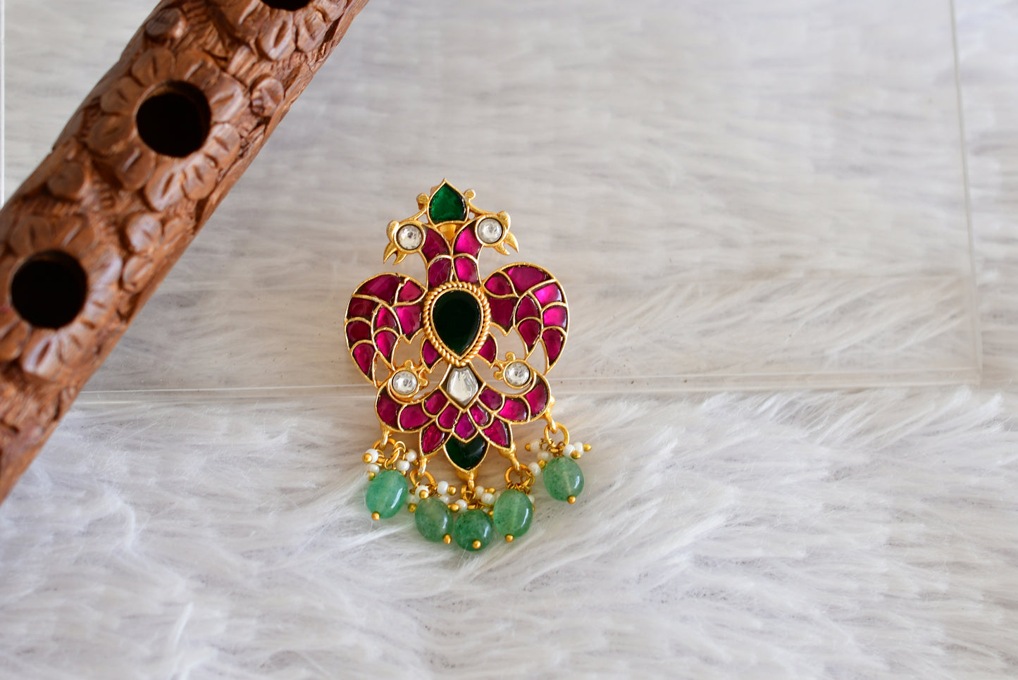 Gold tone pink-green-white kundan jadau ganda berunda small green bead pendant dj-50661