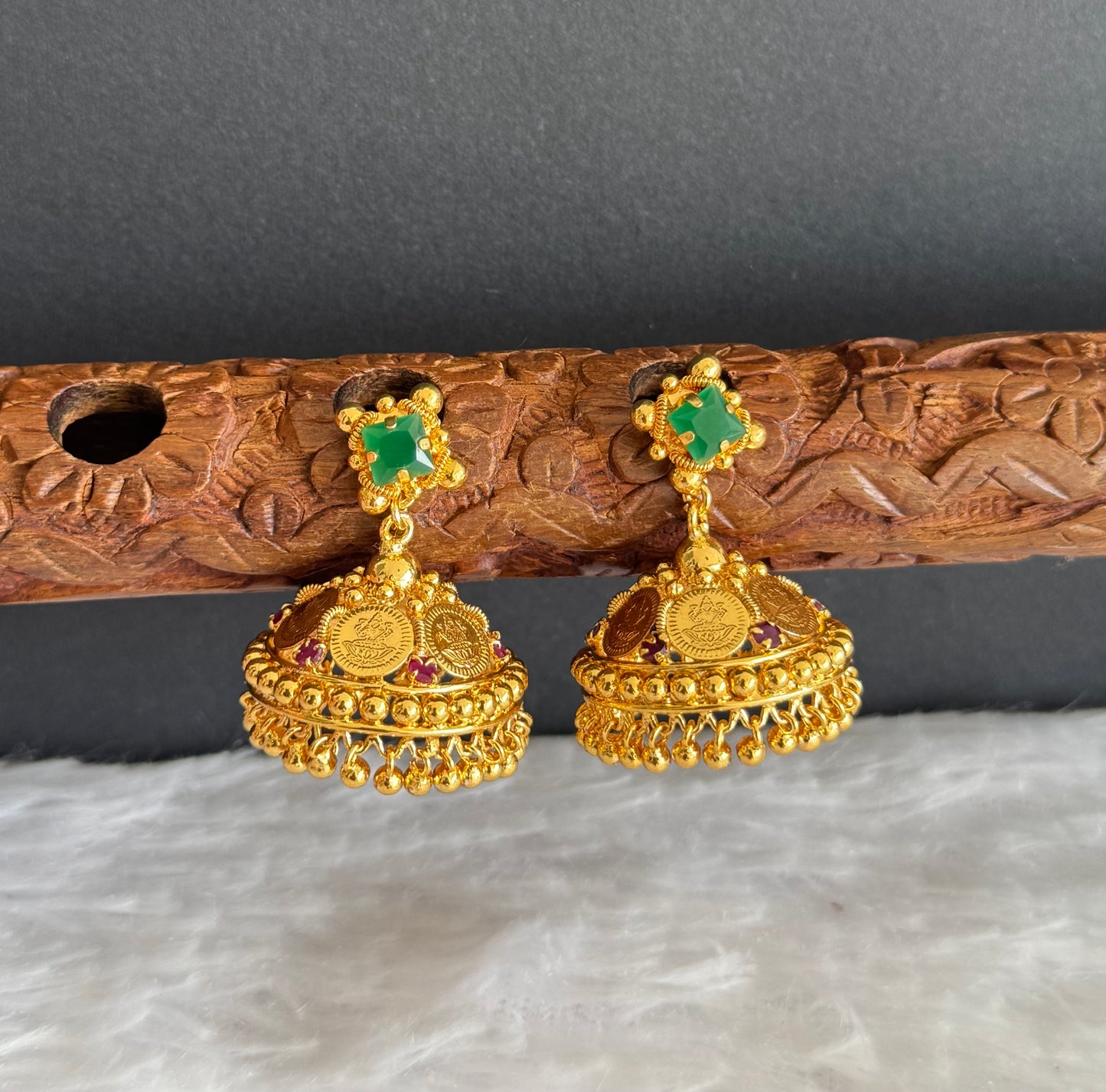 Gold tone green-pink lakshmi coin jhumkka dj-51482