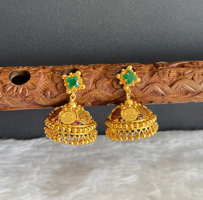 Gold tone green-pink lakshmi coin jhumkka dj-51482