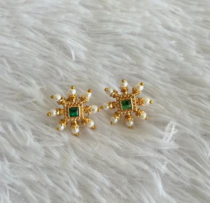 Gold tone green-pearl square stone beaded stud/earrings dj-51595