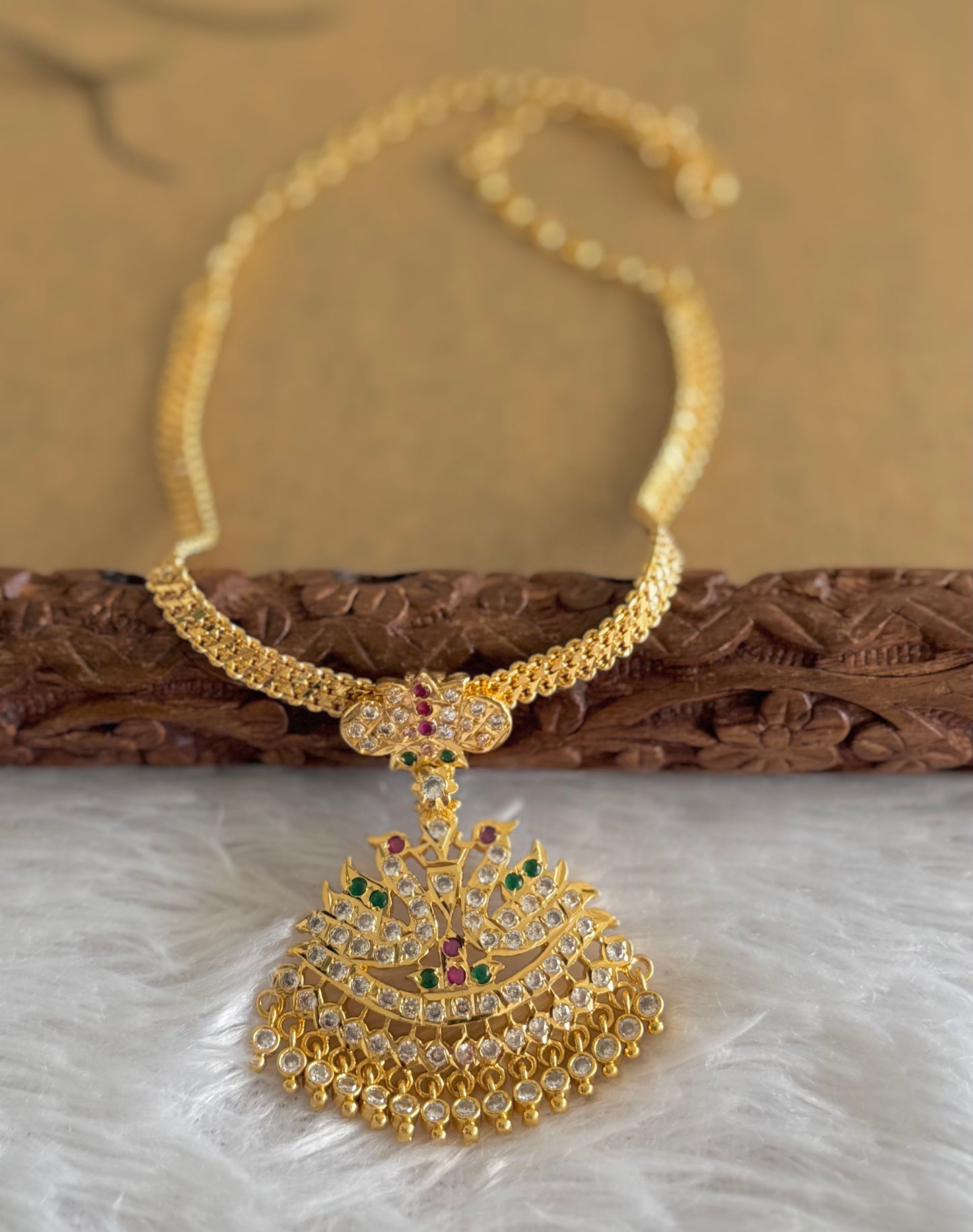 Gold tone south indian AD pink-green-white swan attigai/necklace dj-51742
