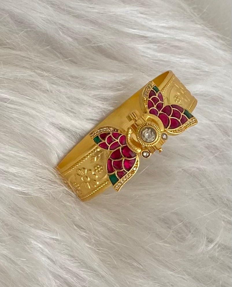 Gold tone pink-green-white Kundan jadau butterfly screw type kada(2.4) dj-54858