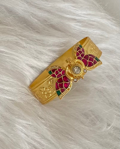 Gold tone pink-green-white Kundan jadau butterfly screw type kada(2.4) dj-54858