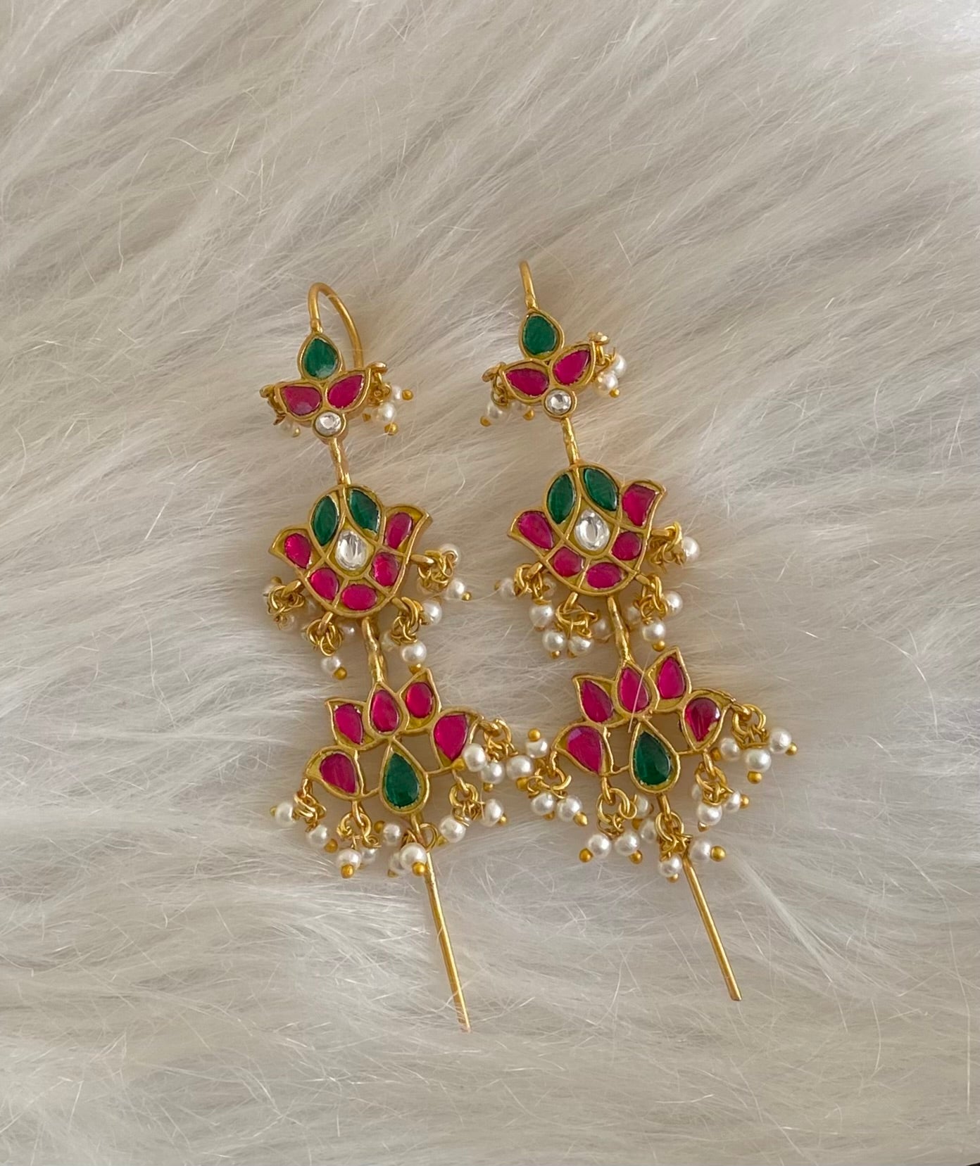 Gold tone pink-green-white kundan jadau lotus bugadi needle earrings dj-54594