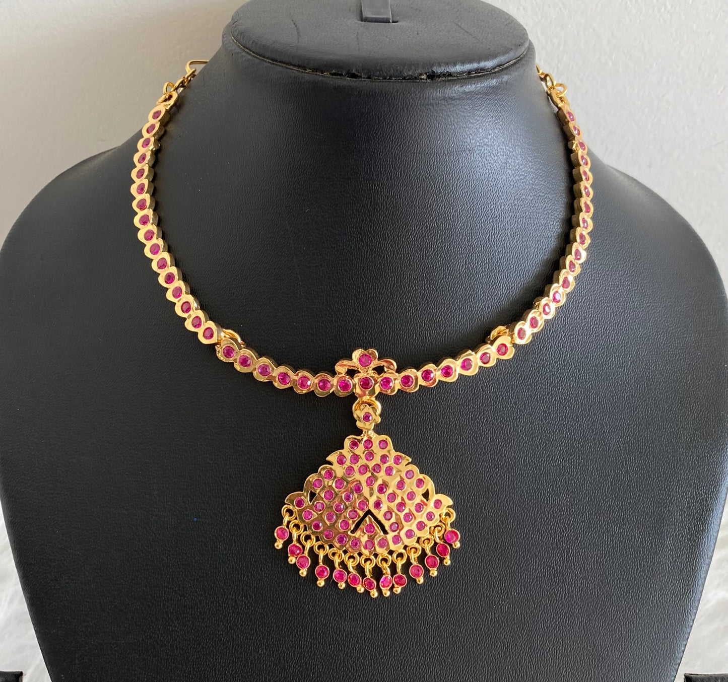 Gold tone south indian AD pink stone necklace dj-53900
